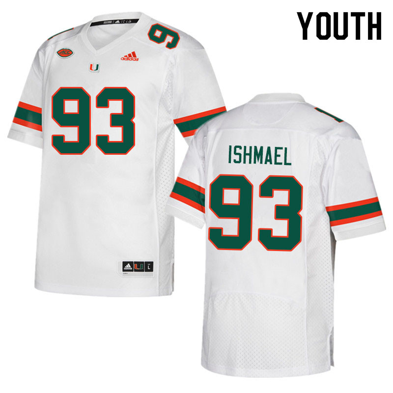 Youth #93 Jabari Ishmael Miami Hurricanes College Football Jerseys Sale-White - Click Image to Close